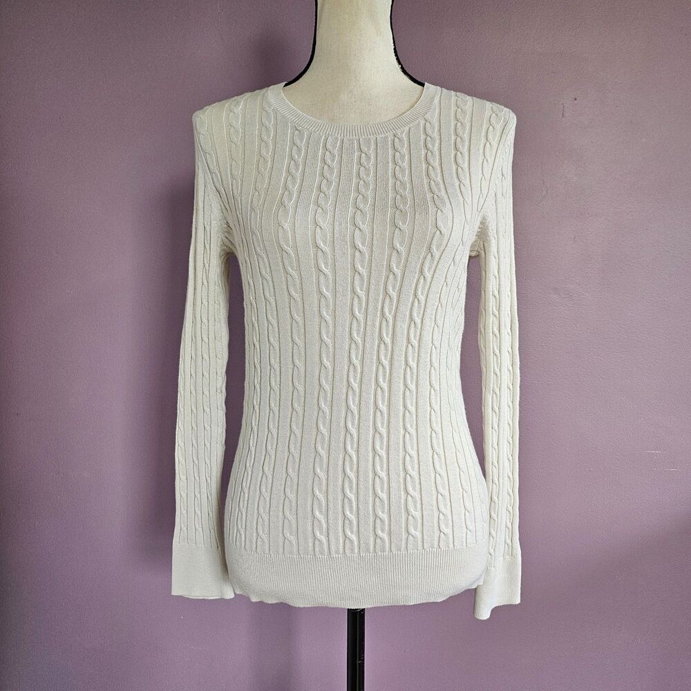 Talbots Petites Cream White Cable Knit Cotton Wool Blend Crew Neck Sweater